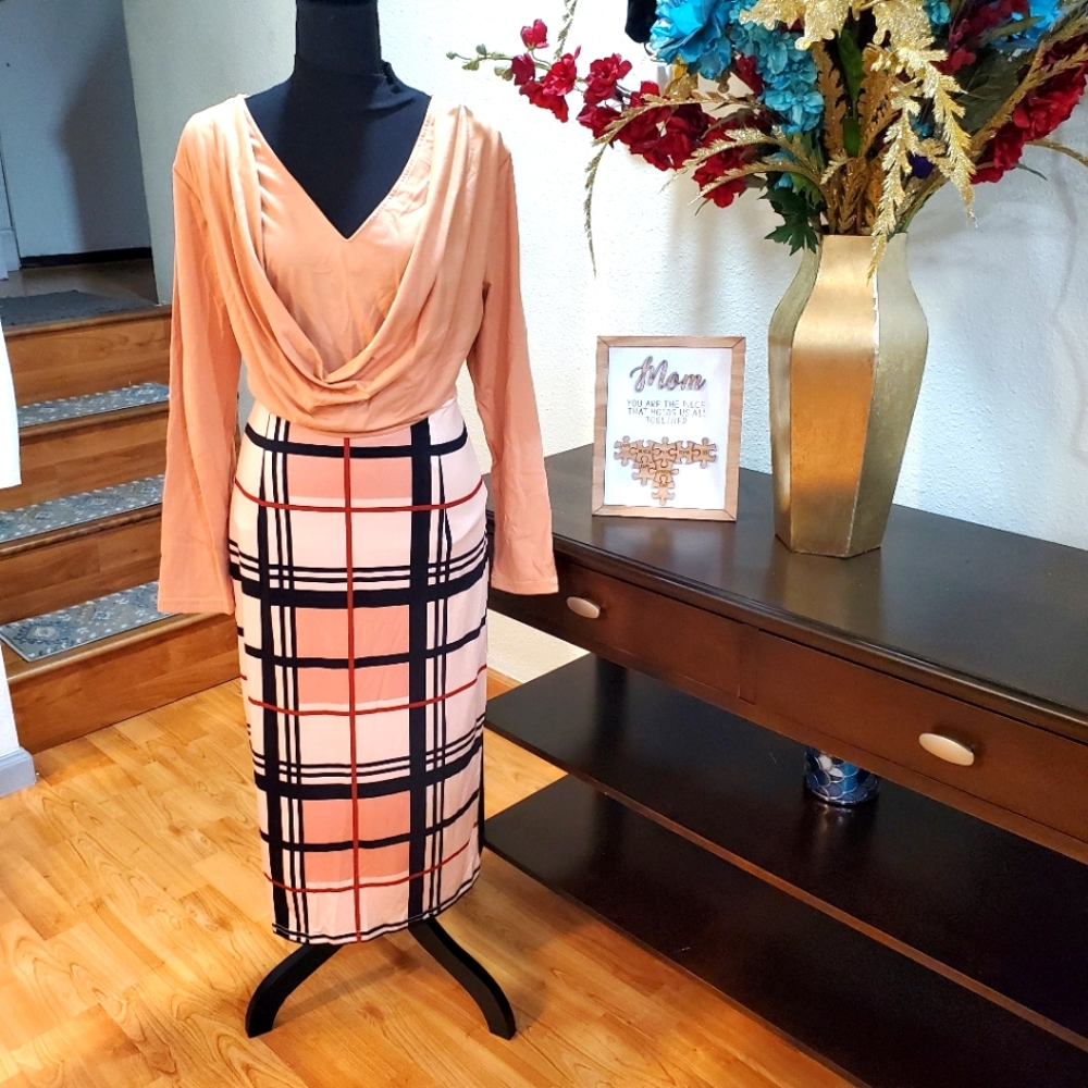 Plaid Patchwork Light Coffee V Neck Bodycon Dress 